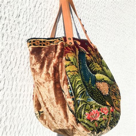 Large Tapestry Tote Bag Upcycled Vintage Tapestry Fabric Tote Nature