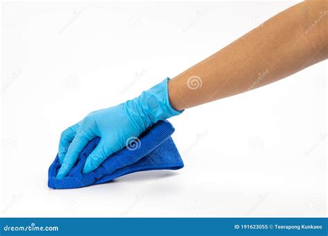 Close Up Of Hands In Rubber Protective Blue Gloves Cleaning The Blue