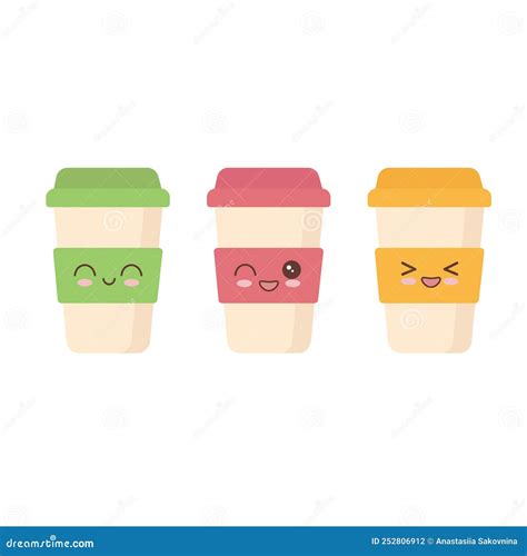 Coffee Cups With Kawaii Emoji Stock Vector Illustration Of Delicious