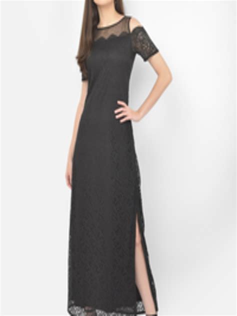 Buy Eavan Women Black Self Designed Lace Maxi Dress With Side Slit