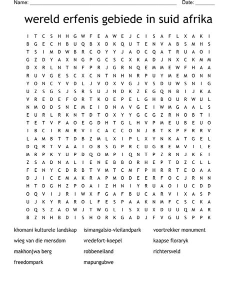 Wereld Erfenis Gebiede In Suid Afrika Word Search Wordmint