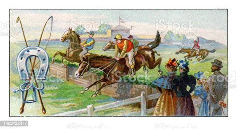 Jockey Riding Horse Jumping Over Obstacle Art Nouveau Illustration 1899