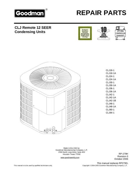 Goodman Air Conditioner Parts Manual Model CLJ18-1, etc.