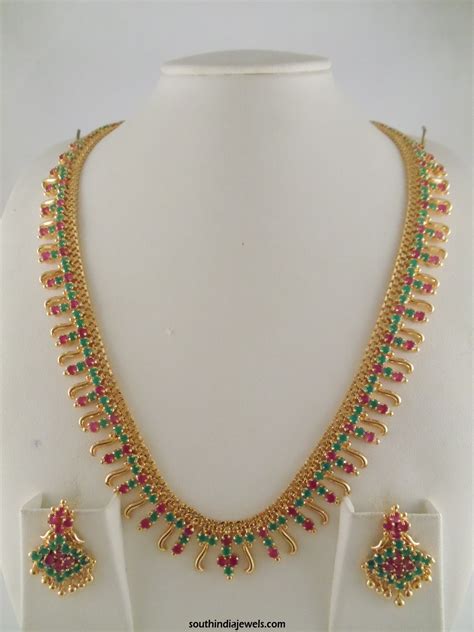 1 Gram Gold Ruby Emerald Stone Necklace South India Jewels