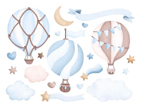 Premium Vector Watercolor Illustration Set Of Blue Hot Air Balloon And Elements