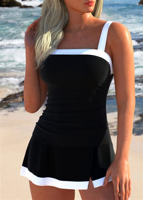 Patchwork Contrast Binding Black Tankini Set Rosewe USD 38 98