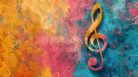 Musical Note On Colorful Canvas Treble Clef With Paint Splatters Stock