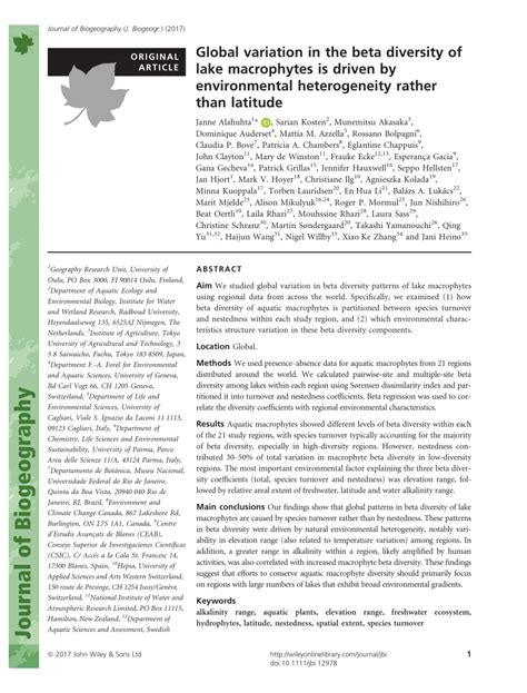 Pdf Global Variation In The Beta Diversity Of Lake Macrophytes Is