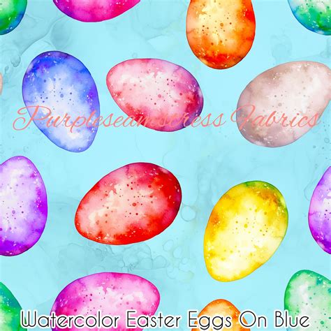 Watercolor Easter Eggs On Blue Cotton Lycra Purpleseamstress Fabric