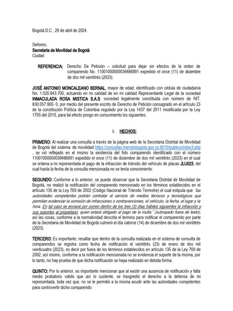 Derechos De Petición Orden De Comparendo 11001000000039486891 Pdf