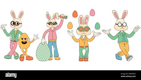 Groovy Hippie Happy Easter Characters Set Of Easter Bunnies In Trendy Retro 60s 70s Cartoon