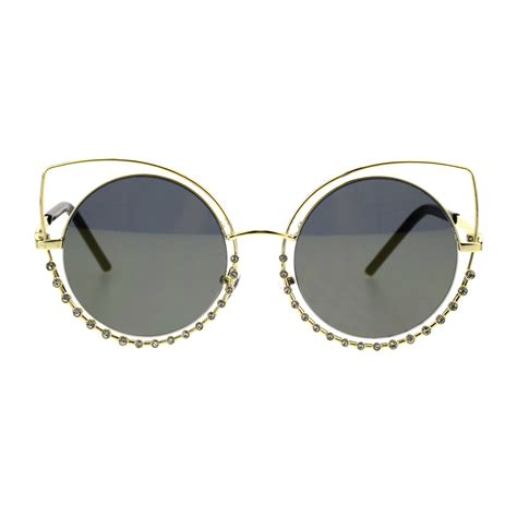 Sa106 Womens Rhinestone Iced Out Round Circle Lens Double Rim Cat Eye Sunglasses Gold Mirror