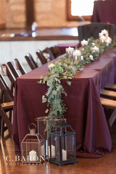 Indoor Burgundy Wedding Table Cover And Seeded Eucalyptus Wedding Table