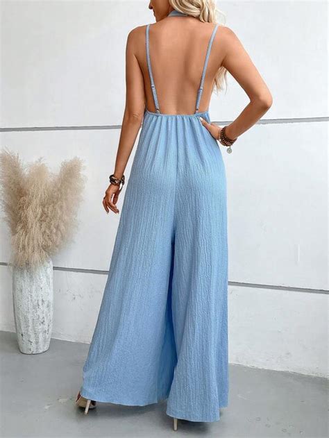 Shein Vcay Solid Wide Leg Halter Jumpsuit Shein Usa