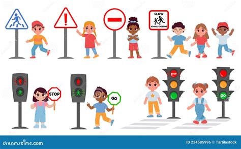 Children with Traffic Light and Caution Sign, Road Safety Rules ...