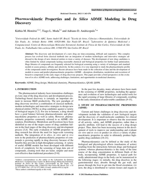 Pdf Pharmacokinetic Properties And In Silico Adme Modeling In Drug