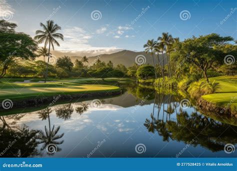 A Tropical Golf Course With Palm Trees And Water Hazards Generative Ai