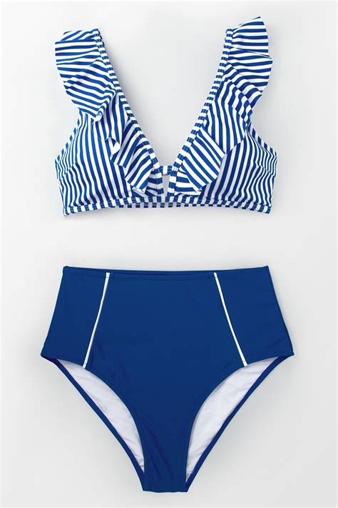 Blue Striped And High Waisted Bikini Cupshe AU