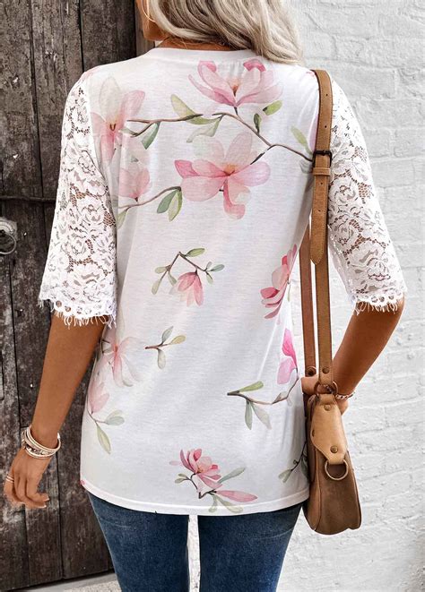 Floral Print Tuck Stitch White Half Sleeve T Shirt Rosewe Usd