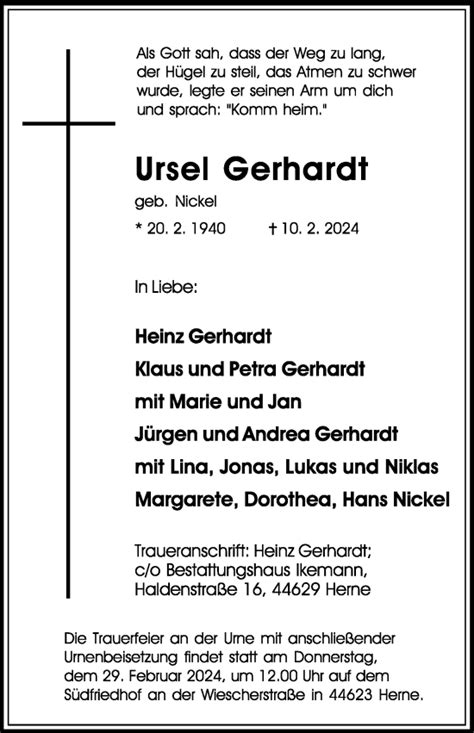 Traueranzeigen Von Ursel Gerhardt Trauer In Nrw De