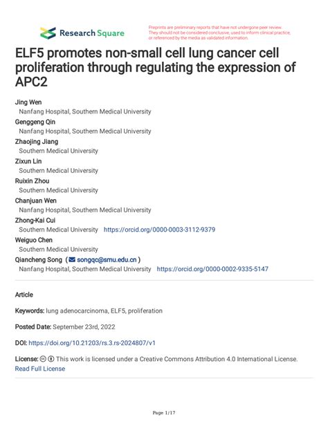 PDF ELF5 Promotes Non Small Cell Lung Cancer Cell Proliferation