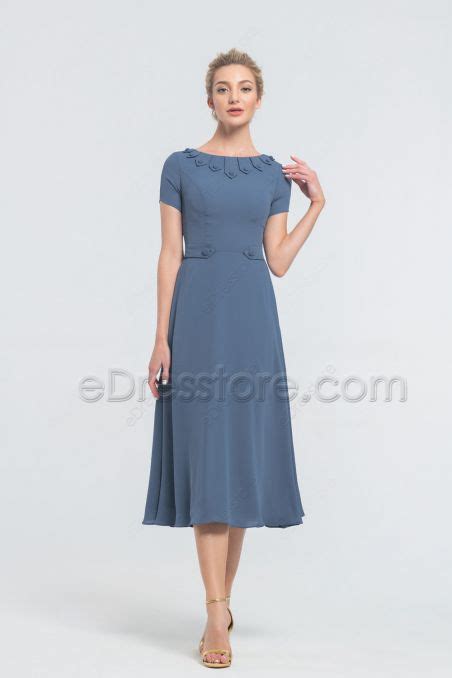 Dusty Blue Modest Bridesmaid Dress With Sleeves EDresstore