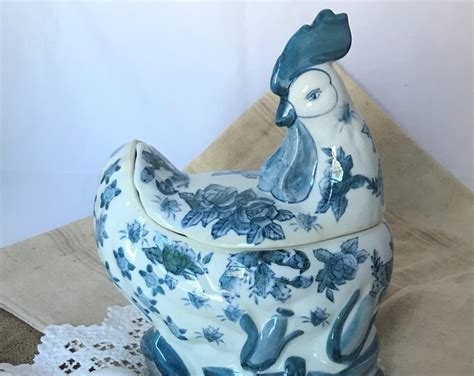 Vintage Rooster Cookie Jar Blue And White Floral Cookie Etsy
