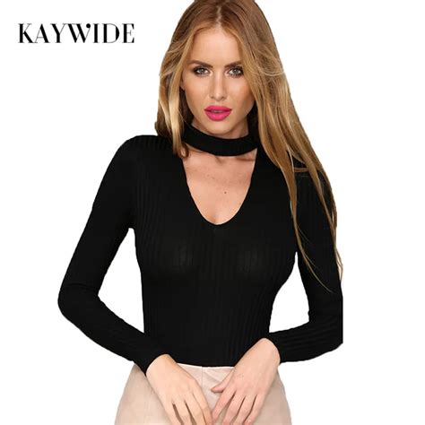 Dicloud Sexy Choker High Neck Plunge V Long Sleeve Women Autumn Ribbed