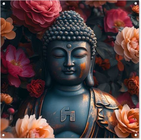 Tuinposter Boeddha Tuindecoratie Buddha Beeld 100x100 Cm Tuindoek