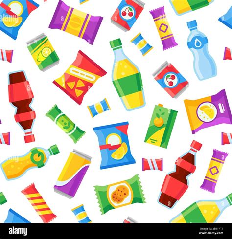 Snacks And Drinks Seamless Pattern Fast Food Snacking Bags And Soda