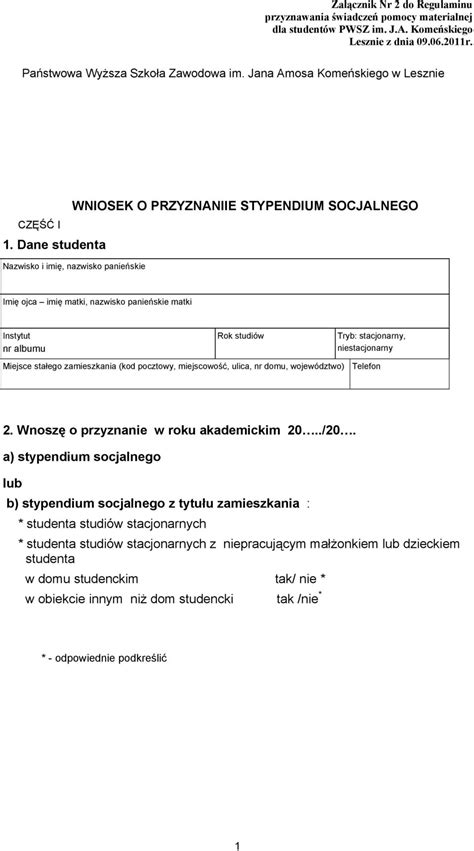 WNIOSEK O PRZYZNANIIE STYPENDIUM SOCJALNEGO PDF Darmowe Pobieranie