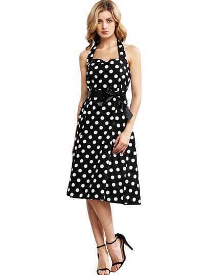 Black Polka Dot Halter Flare Dress SheIn Sheinside