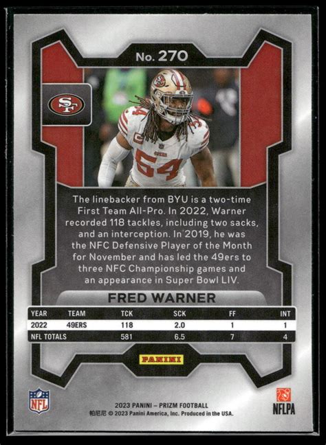 2023 Panini Prizm Fred Warner BASE CARD San Francisco 49ers 270 EBay