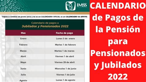 Calendario de Pagos de la Pensión para Pensionados y Jubilados 2022