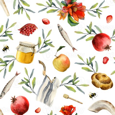 Rosh Hashanah Watercolor Seamless Pattern For Jewish New Year T Wrapping And Greeting Designs