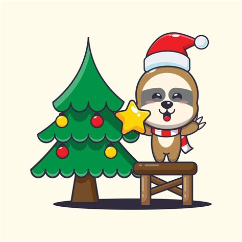 Cute sloth taking star from christmas tree. Cute christmas cartoon ...