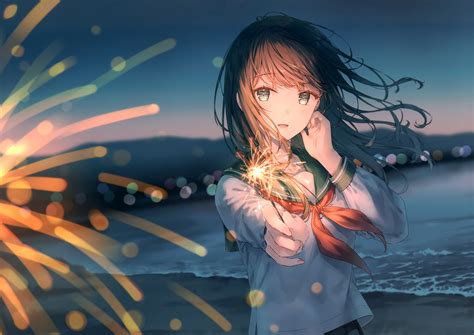 Beach Blush Brown Hair Fireworks Gray Eyes Hiten Hitenkei Long Hair