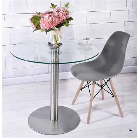 Round Dining Table Modern 10mm Clear Tempered Glass Vitreous Stainless Steel Base Living Room