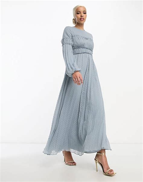 Asos Design Textured Chiffon Pleat Maxi Dress With Frill Seam Detail In Pale Blue Asos