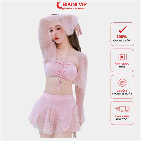 Bộ Bikini set món Đồ bơi đi biển mảnh áo choàng chân váy xòe kín đáo sexy che bụng Shopee