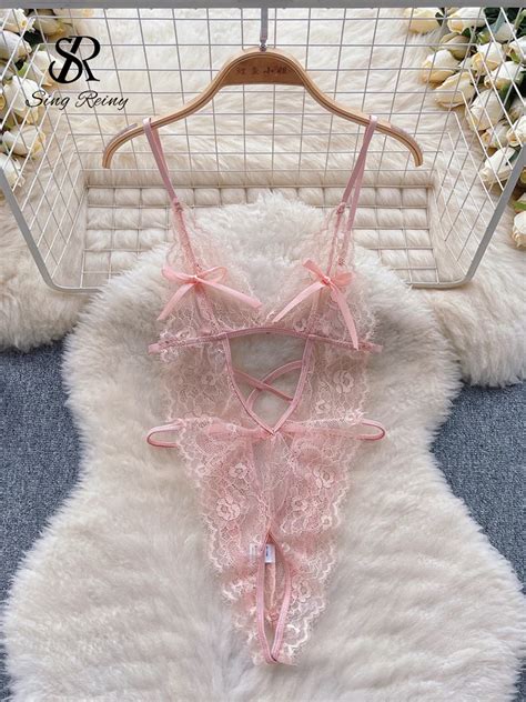 Singreiny 2024 Sheer Lace Sexy Playsuits Women Strap Elastic Slim Open Crotch Porn Nightwear