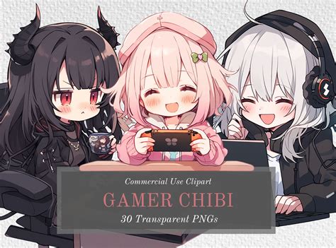 Chibi Anime Gamer Girls Clipart Bundle Kawaii, Happy, Goth Streamer 30 Transparent Background ...