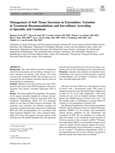 Pdf Management Of Soft Tissue Sarcomas In Extremities Variation In