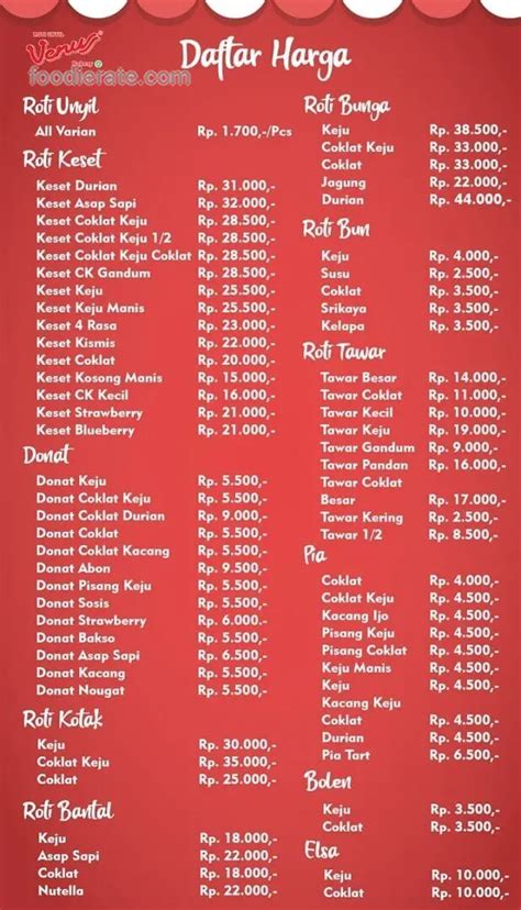 Daftar Harga Menu Roti Unyil Venus 2024 Foodierate