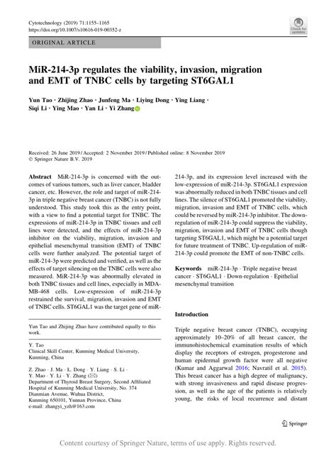 MiR 214 3p Regulates The Viability Invasion Migration And EMT Of TNBC