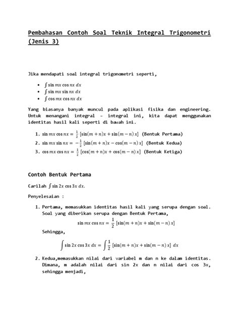 Pembahasan Contoh Soal Teknik Integral Trigonometri Pdf