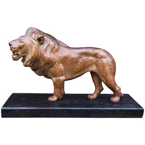 Early 20th Century Hand Carved Lion Sculpture Statue On Base King Of