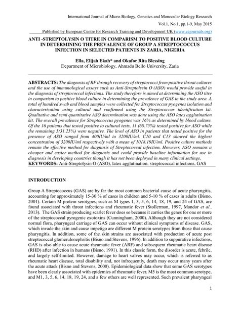 (PDF) ANTI -STREPTOLYSIN O TITRE IN COMPARISM TO POSITIVE BLOOD CULTURE ...