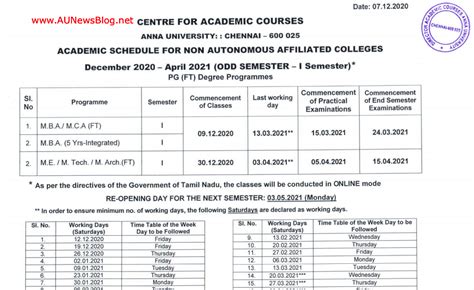 Anna University PG 1st Semester Academic Schedule Published Dec 2020 To