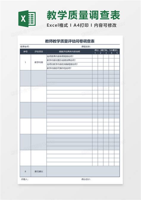 教师教学质量评估问卷调查表excel模板下载熊猫办公